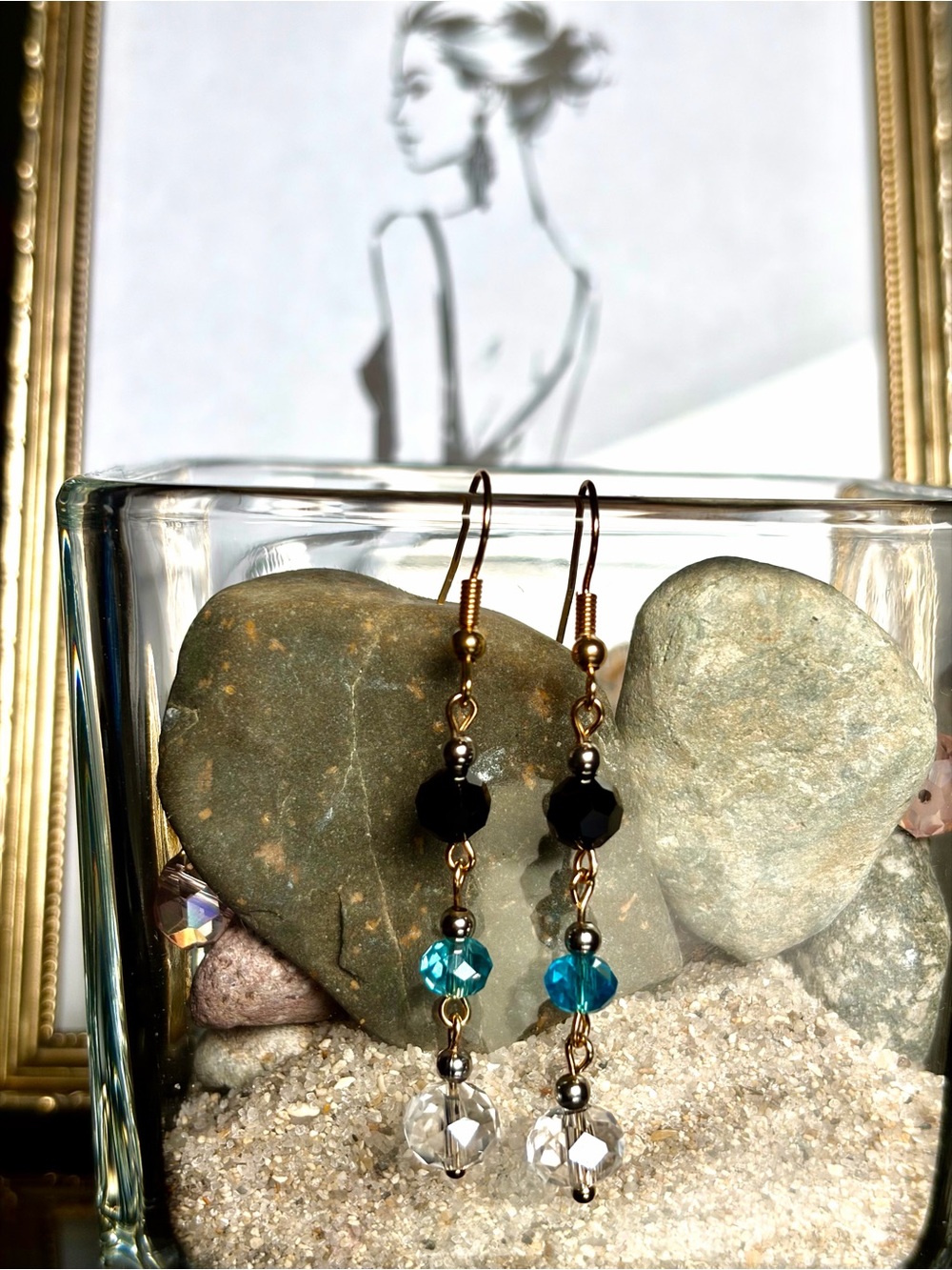 Gold-Tone Drop Earrings with Black, Blue & Clear Beads - Women Jewelry